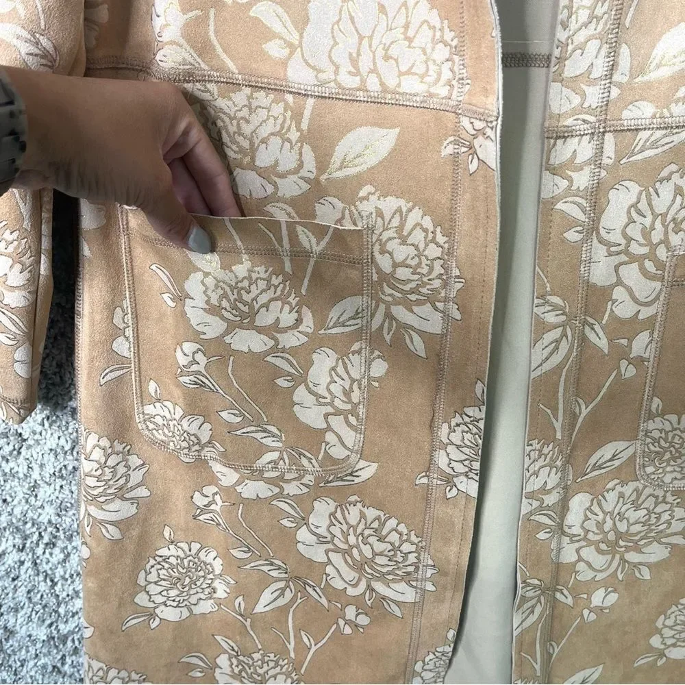 Solitaire Jacket Women's Medium Tan Rose Floral Print Open Front‎ Lightweight